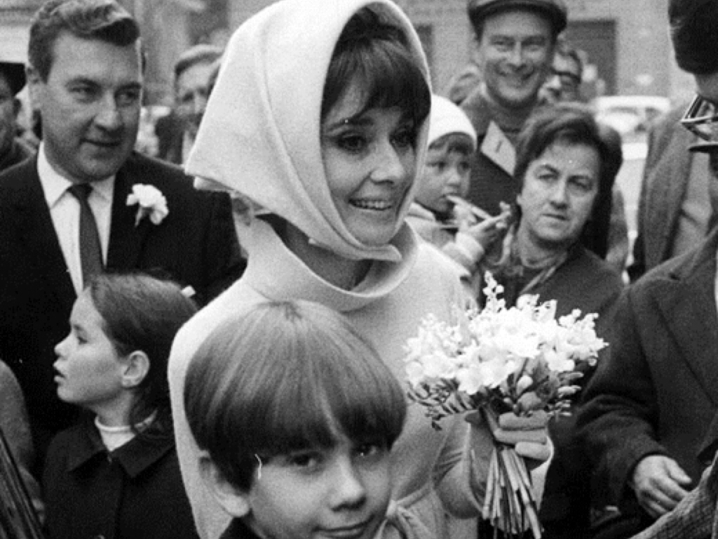 Audrey Hepburn wearing a headscarf on her wedding day to Italian psychiatrist Andrea Dotti, 18 January 1969