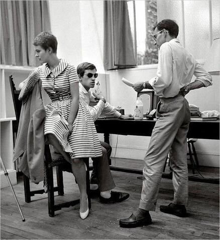 Jean Seberg and Jean Bel Mondo in film Breathless (French title: À bout de souffle, 1960) with director Jean-Luc Godard
