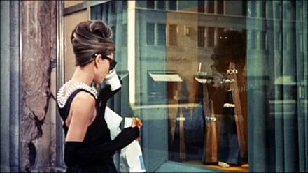 Audrey Hepburn in the black Givenchy dress at the window of Tiffany's, Breakfast at Tiffany's (film, 1961)