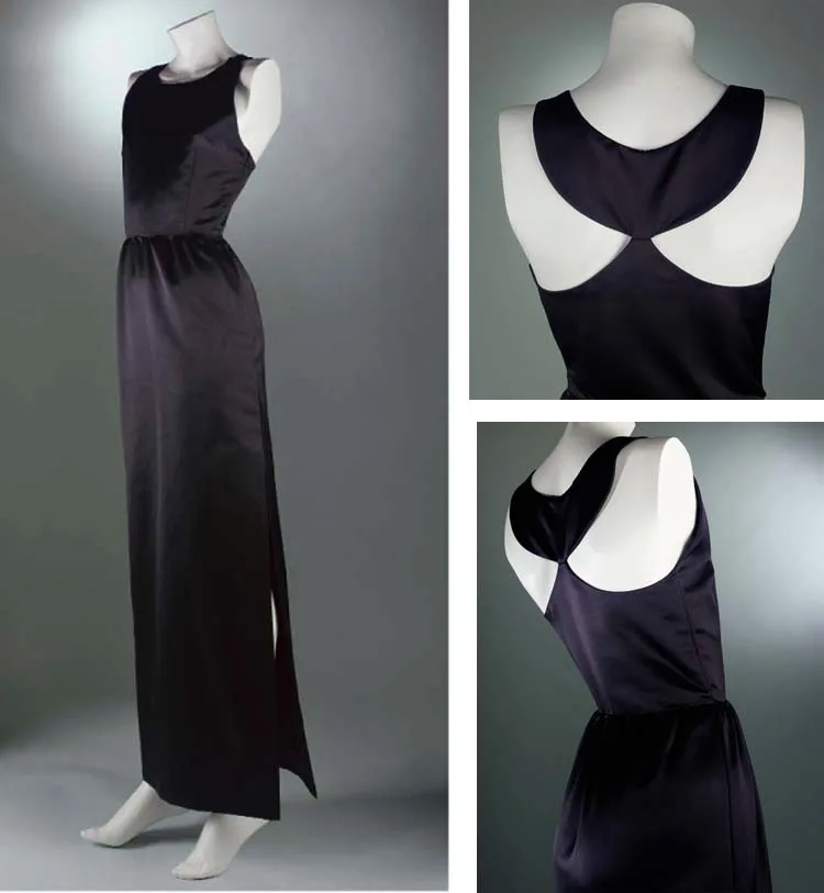 Front and back of the black Givenchy dress sold at Christie's in 2006, with a slit skirt