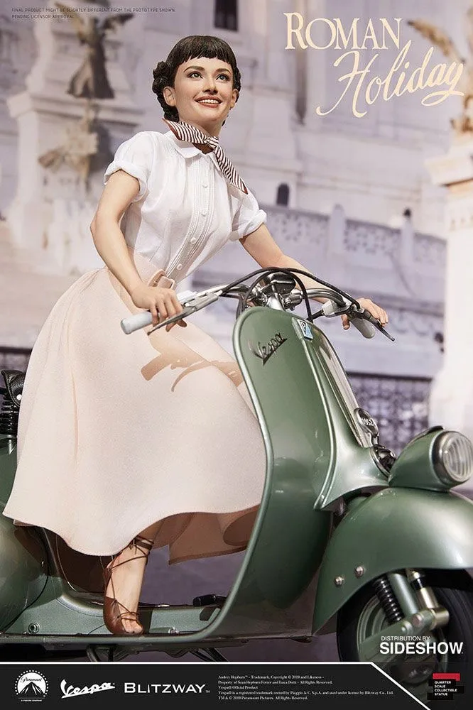 Colorized photo of Audrey Hepburn in a beige skirt on a Vespa, Roman Holiday