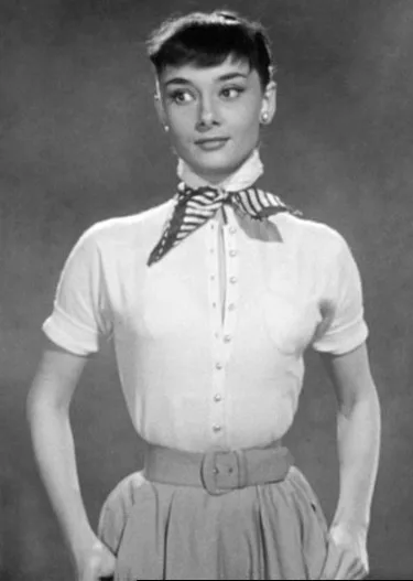 Audrey Hepburn in a buttoned jersey blouse and neck scarf, screen test for Roman Holiday, 1951
