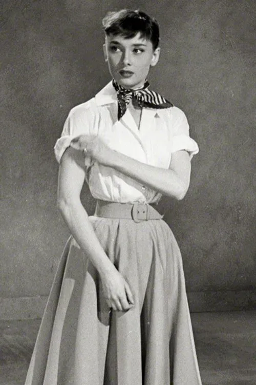 Audrey Hepburn in a white shirt, neck scarf and circle skirt, Roman Holiday (film, 1953)