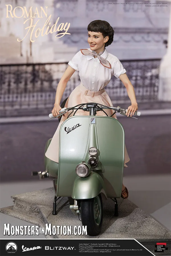 Colorized photo of Audrey Hepburn sitting on a Vespa, Roman Holiday