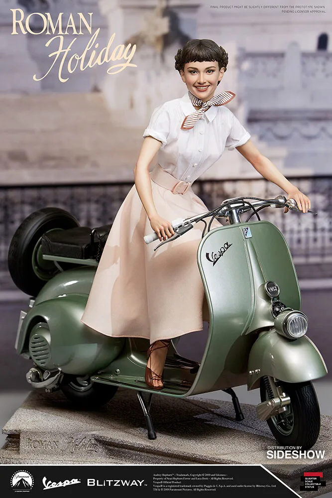 Colorized poster of Audrey Hepburn in a beige skirt on a Vespa, Roman Holiday
