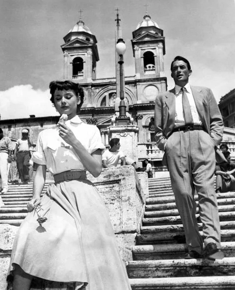Audrey Hepburn and Gregory Peck walking down the Spanish Steps, Roman Holiday (film, 1953)