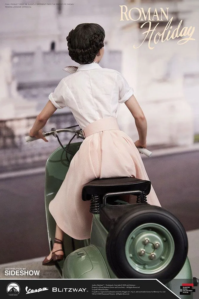 Colorized photo of Audrey Hepburn on a Vespa seen from behind, Roman Holiday