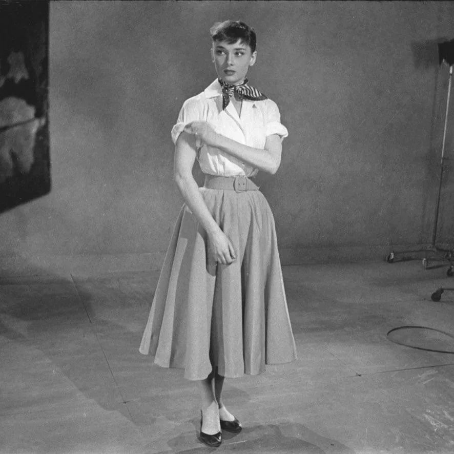 Audrey Hepburn in a shorter, fuller circle skirt, screen test for Roman Holiday, 1951