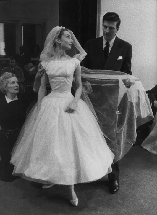 Audrey Hepburn in her Givenchy wedding dress and veil, Funny Face (film, 1957)