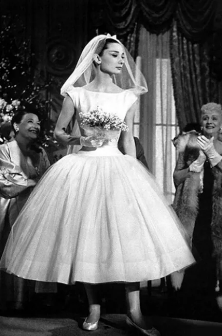 Audrey Hepburn in her tea-length Givenchy wedding dress, Funny Face (film, 1957)