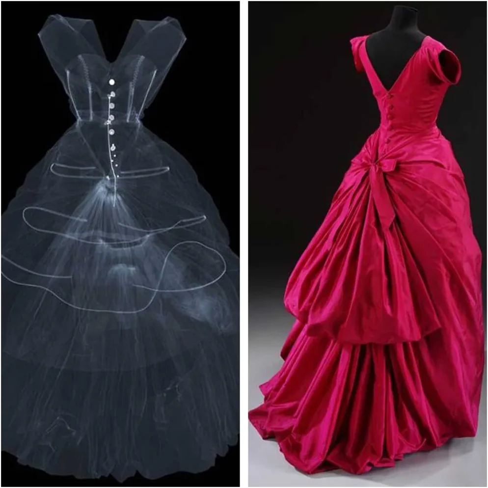 Balenciaga silk taffeta evening dress and its X-ray, Victoria and Albert Museum