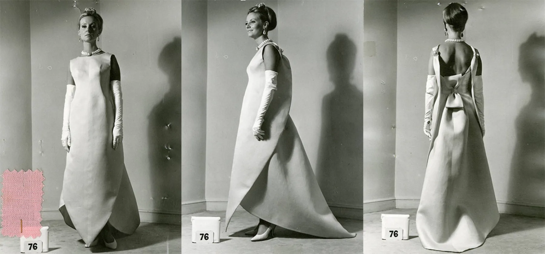 Model wearing a Balenciaga evening dress, 1965, Balenciaga archives photograph