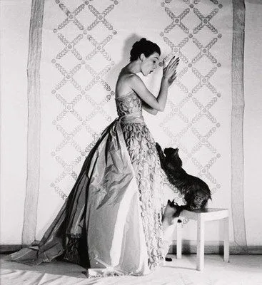 Ava Gardner in a full-skirted evening gown, seated with a small dog