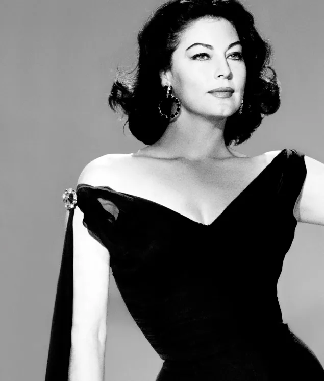 Ava Gardner in a black off-the-shoulder evening dress