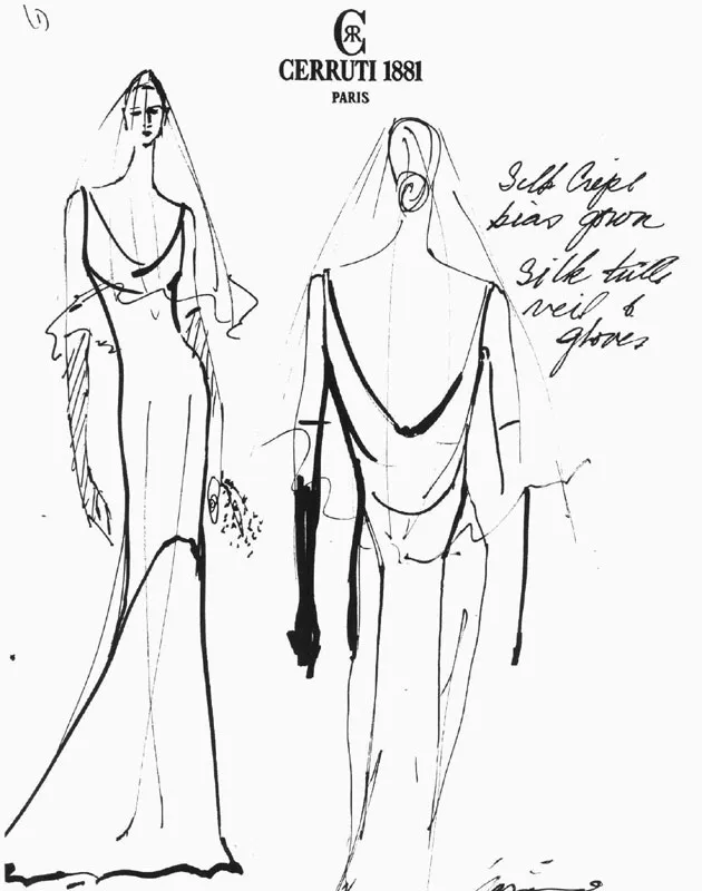 Narciso Rodriguez's sketch of Carolyn Bessette's wedding dress, front and back, on Cerruti 1881 paper