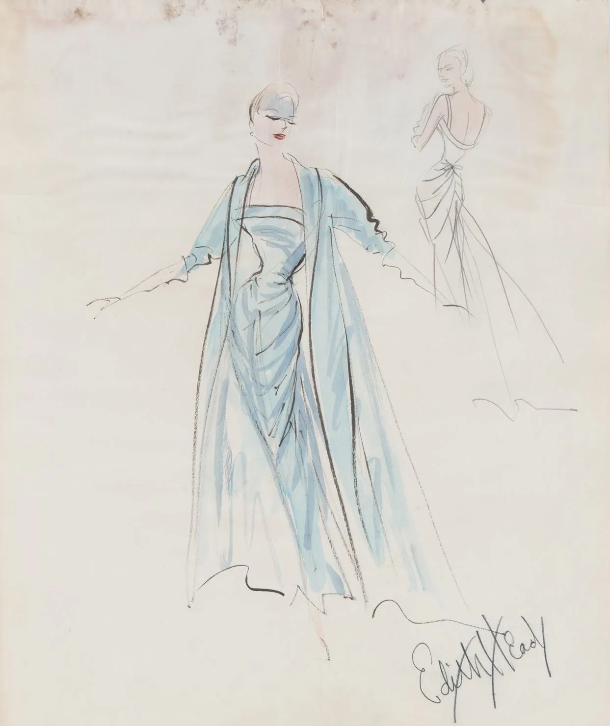 Edith Head's sketch of the ice-blue gown and its matching coat for Grace Kelly