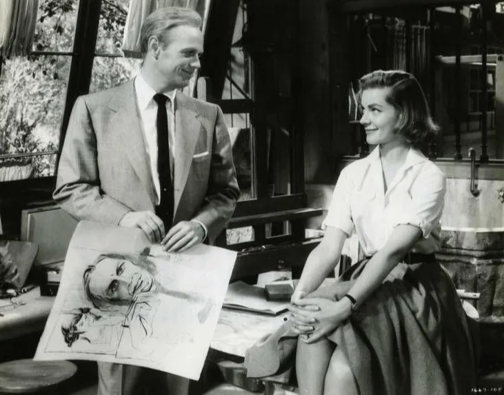 Lauren Bacall in her white shirt and skirt on the set of Key Largo, 1948