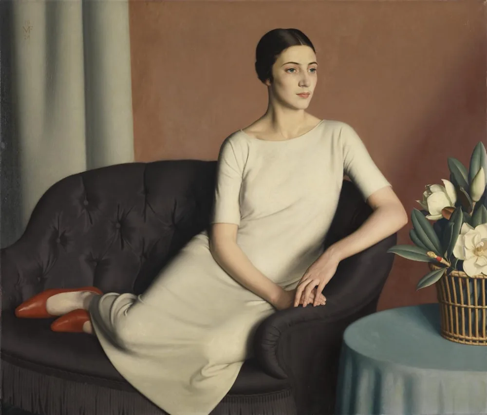 Marguerite Kelsey in white column dress painted by Meredith Frampton(17 March 1894 – 16 September 1984)