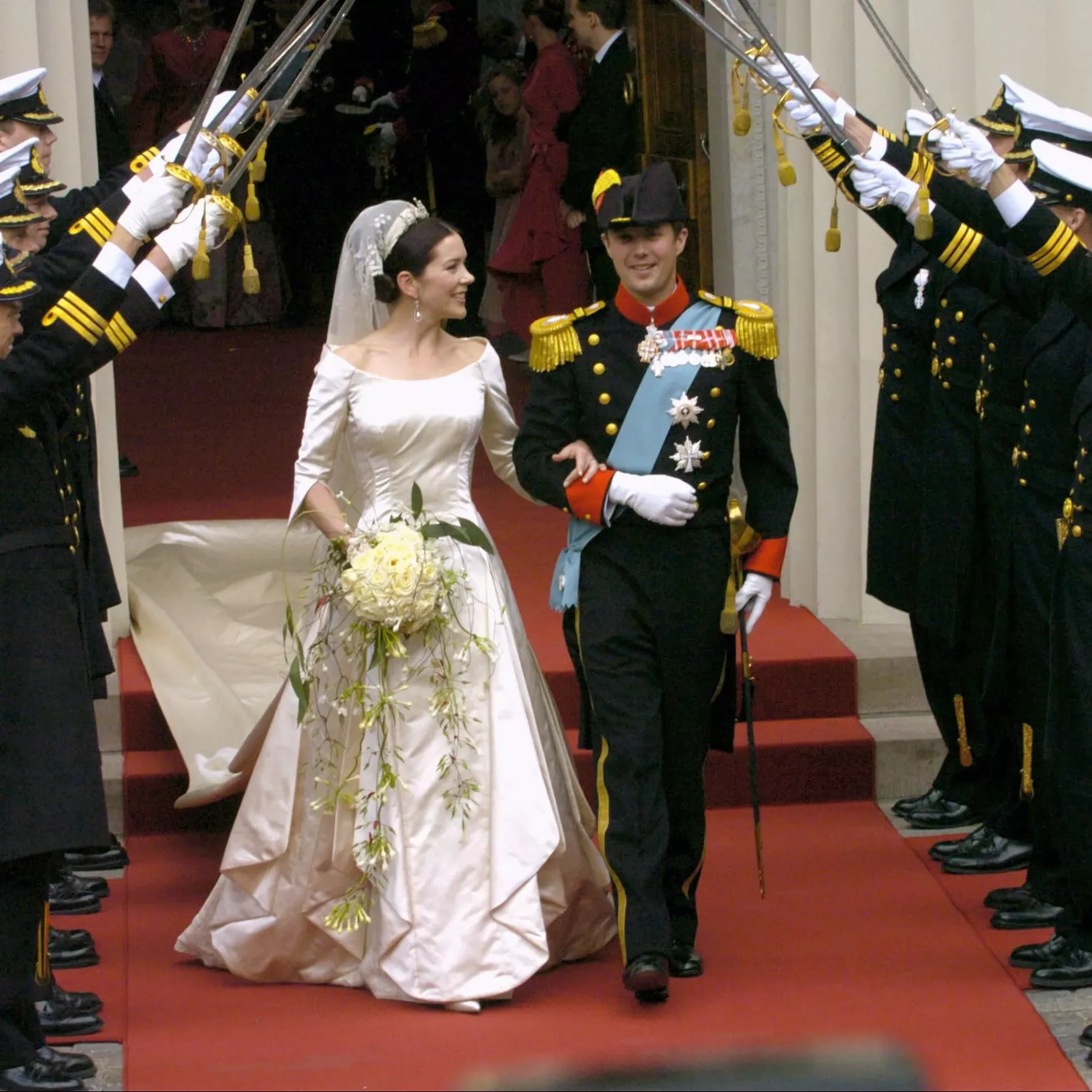 Iconic wedding dress: Mary Donaldson’s wedding dress on her wedding to Crown Prince Frederik of Denmark on 14 May 2004 designed by Uffe Frank