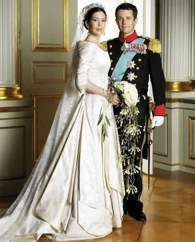 Iconic wedding dress: Mary Donaldson’s wedding dress on her wedding to Crown Prince Frederik of Denmark on 14 May 2004 designed by Uffe Frank