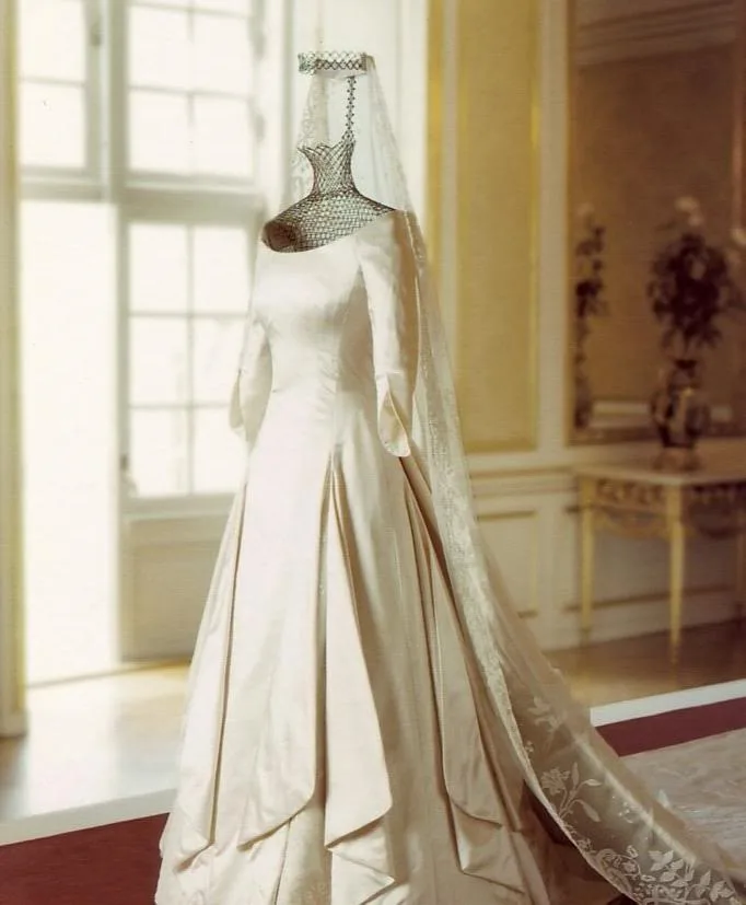 Iconic wedding dress: Mary Donaldson’s wedding dress on her wedding to Crown Prince Frederik of Denmark on 14 May 2004 designed by Uffe Frank