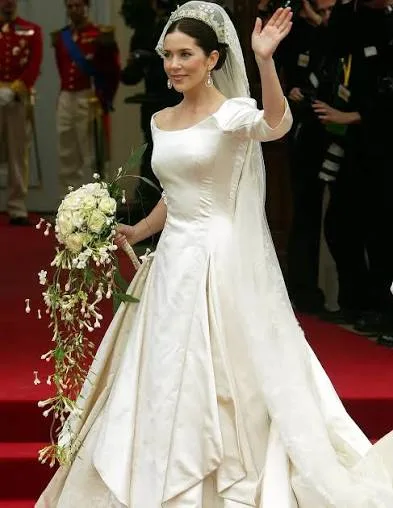 Iconic wedding dress: Mary Donaldson’s wedding dress on her wedding to Crown Prince Frederik of Denmark on 14 May 2004…