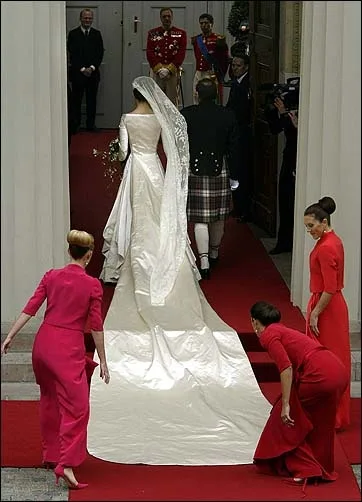 Iconic wedding dress: Mary Donaldson’s wedding dress on her wedding to Crown Prince Frederik of Denmark on 14 May 2004 designed by Uffe Frank