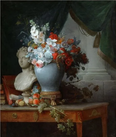 Still life of flowers in a vase on a table beside a bust of Flora, with fruit and other objects with a curtain beyond, 1774, by Anne Vallayer-Coster(21 December 1744 - 28 February 1818)