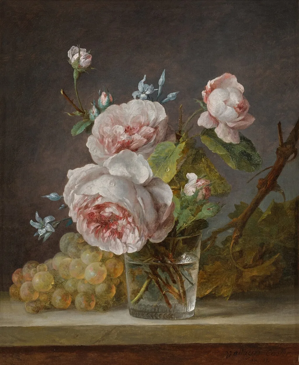 Anne Vallayer-Coster, Still Life of Roses in a Glass Vase, with Grapes Beside (1804). Courtesy of Sotheby’s New York.