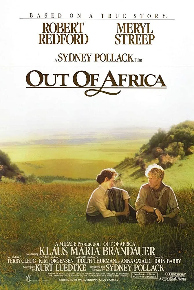 Movie poster of Out of Africa (1985) starring Meryl Streep, Robert Redford and Klaus Maria Brandauer