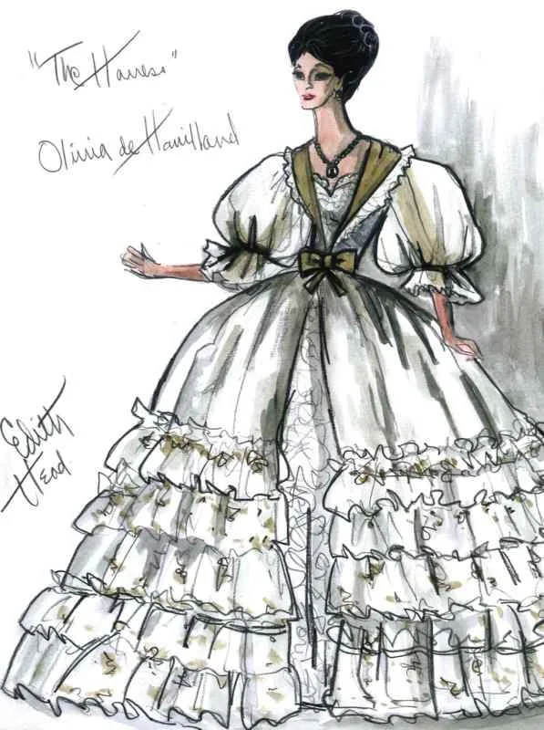 Edith Head's designing sketch for Olivia de Havilland's dress in The Heiress (1949)