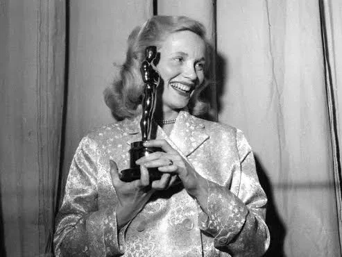 Eva Marie Saint with her Academy Award for Best Supporting Actress, for On the Waterfront, 1955