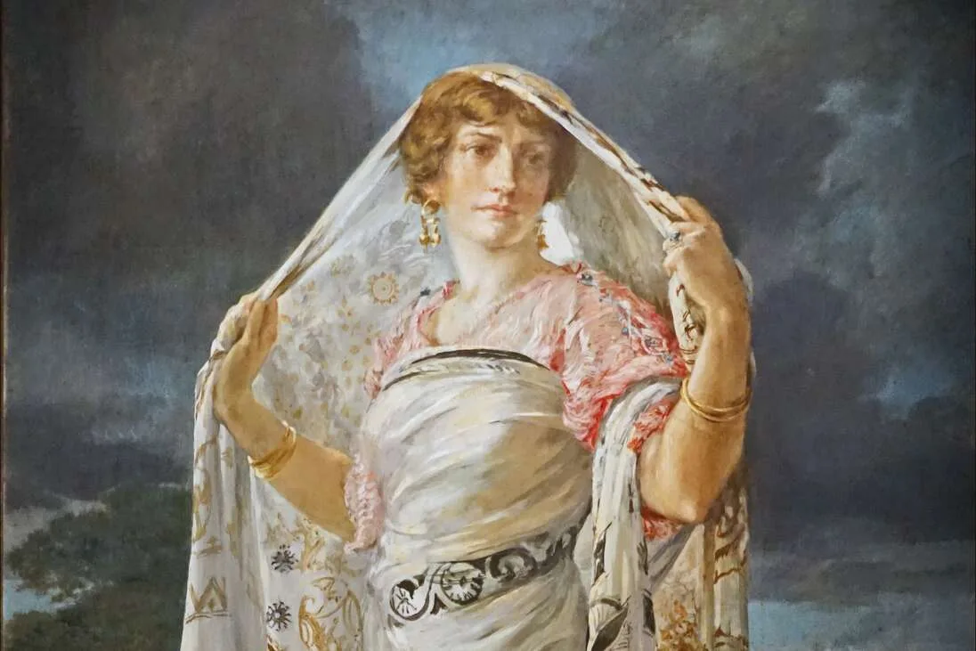 Henriette Fortuny portrait with a silk Knossos shawl, by Mariano Fortuny, 1935