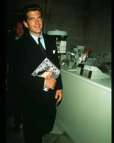 John F. Kennedy Jr. at the launch of George magazine with the first cover showing Cindy Crawford as George Washington, New York, 8 September 1995
