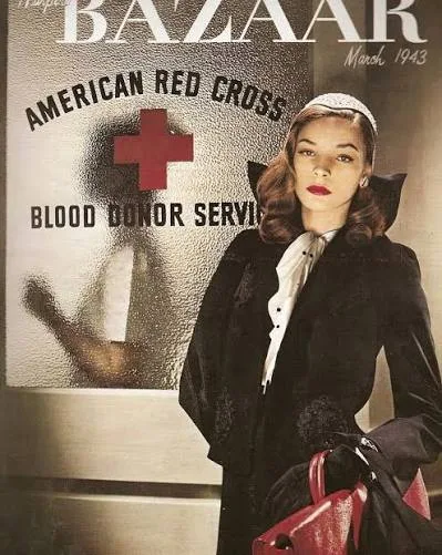 Lauren Bacall on the cover of Harper's Bazaar, March 1943, photographed by Louise Dahl-Wolfe at a Red Cross blood donor office