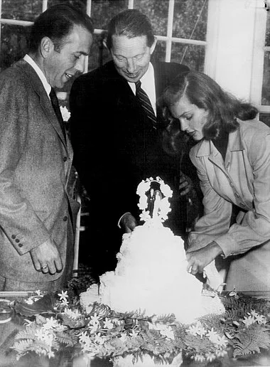 Wedding of Lauren Bacall and Humphrey Bogart at Malabar Farm, Ohio, 21 May 1945, with best man Louis Bromfield