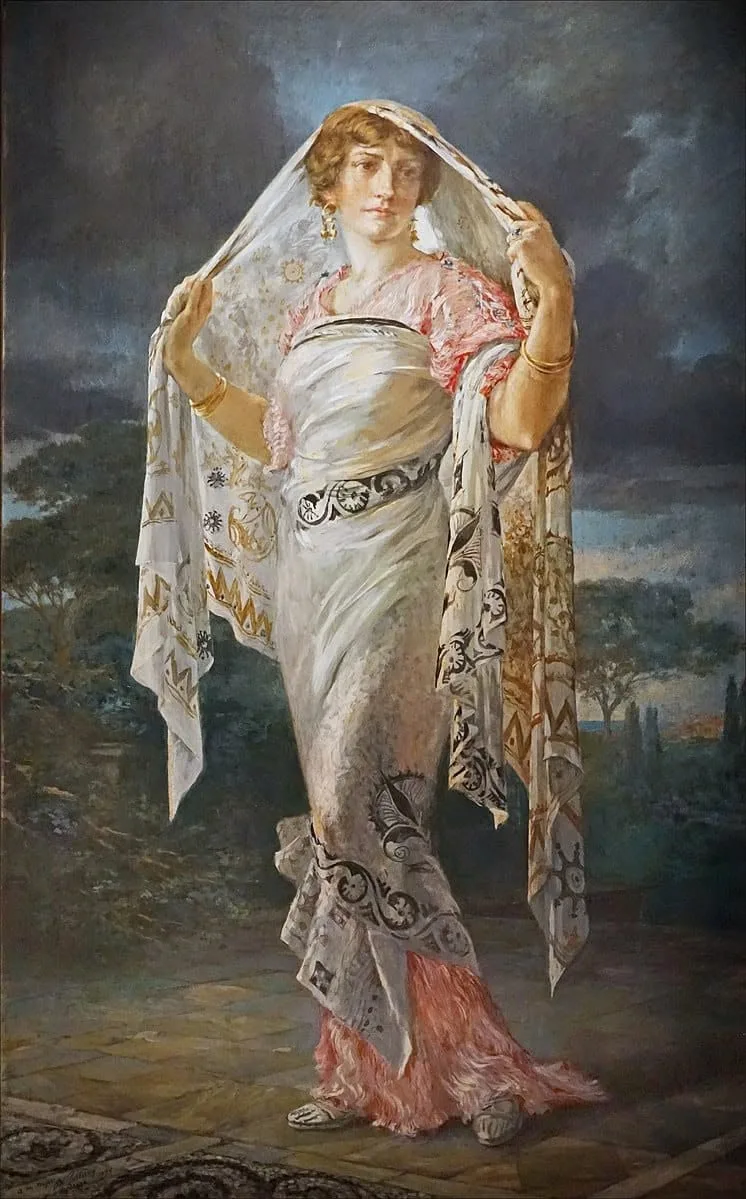 Henriette Fortuny in Pompeian costume, with the Knossos shawl, 1935