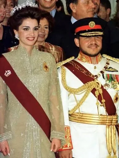 Rania, Queen of Jordan in Elie Saab gown on the coronation of King Abdullah II, 1999