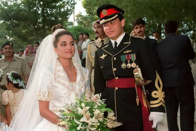 Rania and her husband Abdullah at their wedding, 10 June 1993
