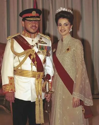 Rania, Queen of Jordan in Elie Saab gown on the coronation of King Abdullah II, 1999