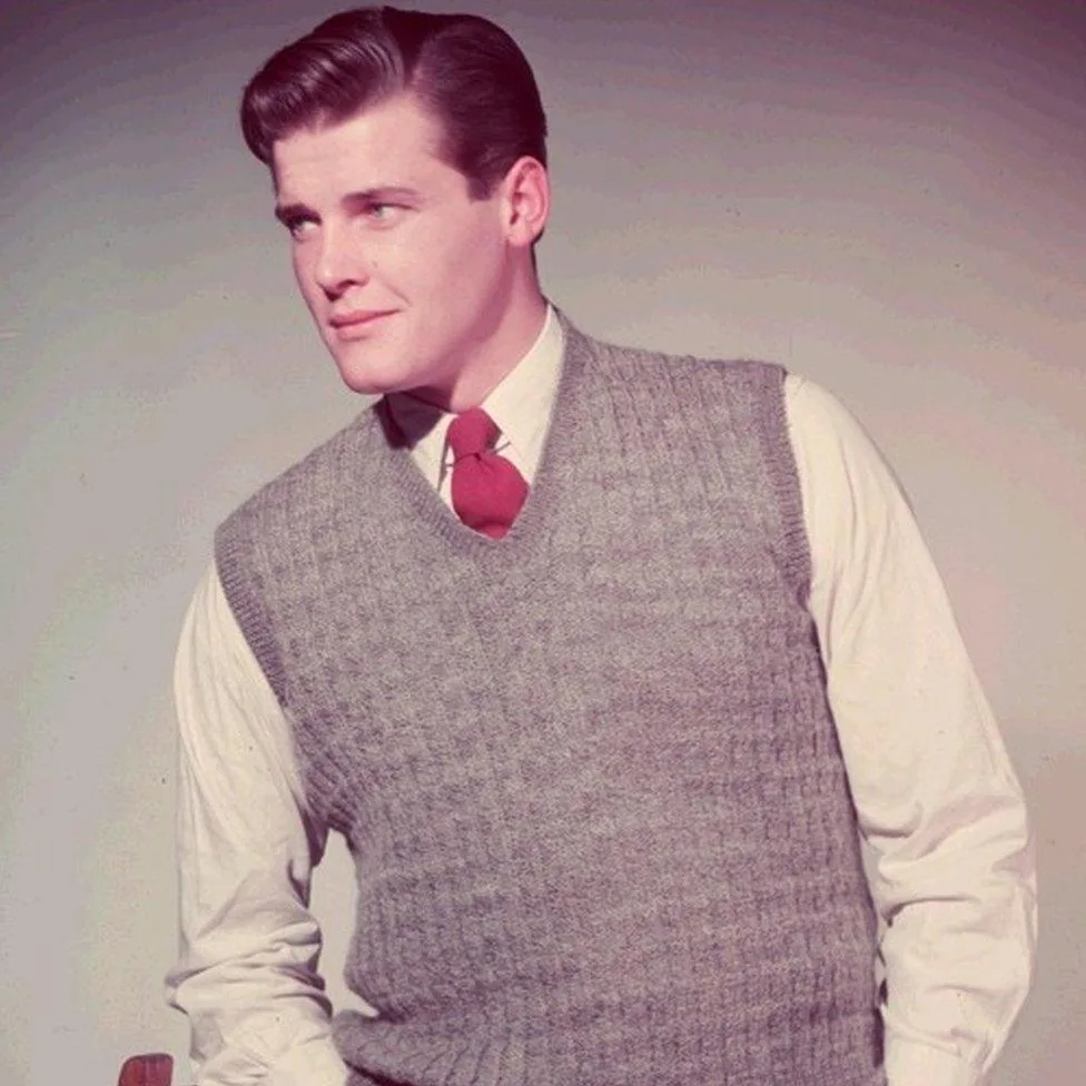 Roger Moore as a knitwear model in the 50s