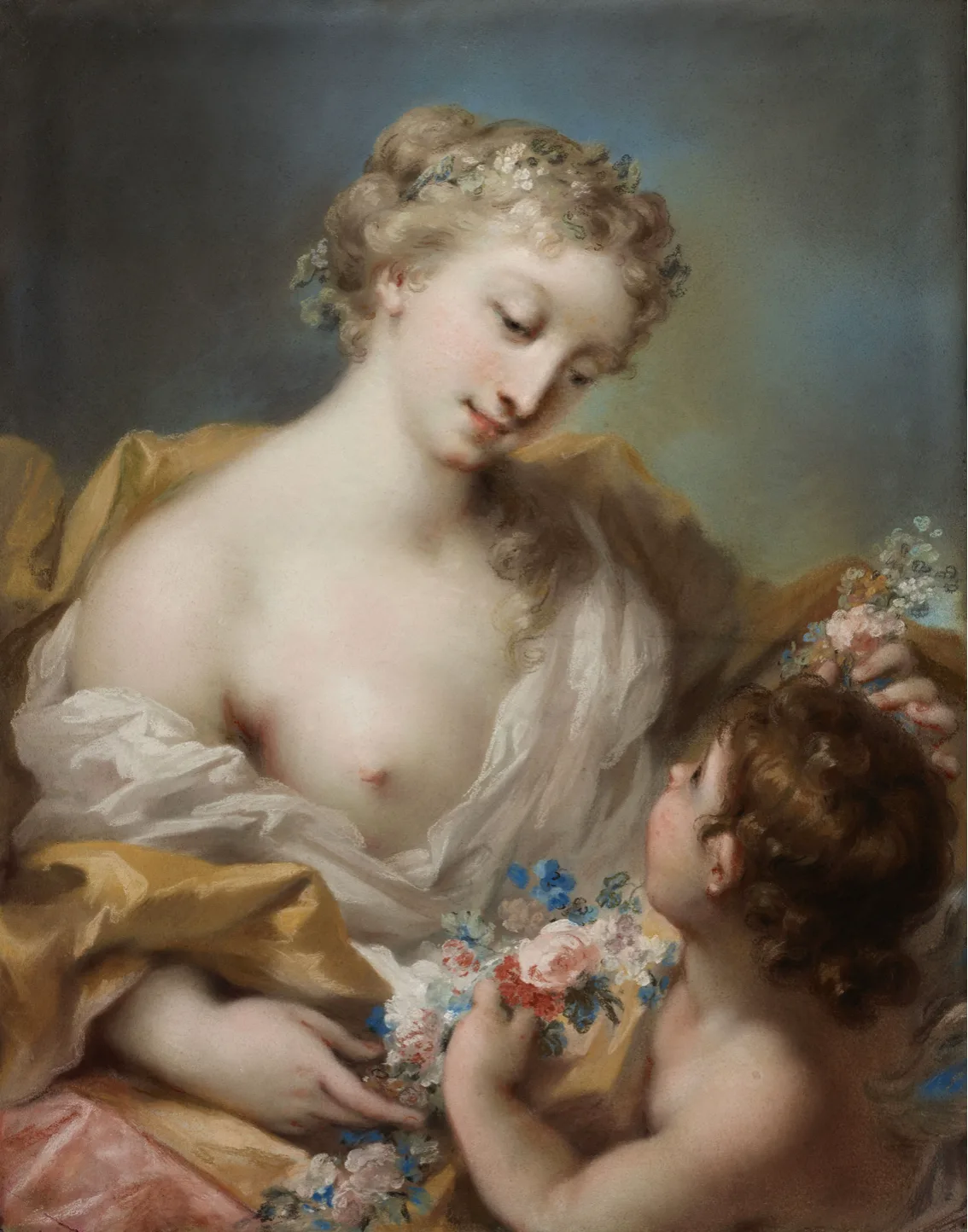 A Personification of Spring by Rosalba Giovanna Carriera, c.1730, pastel on blue paper, 64.1 x 50.2 cm, Royal Collection Trust, UK.