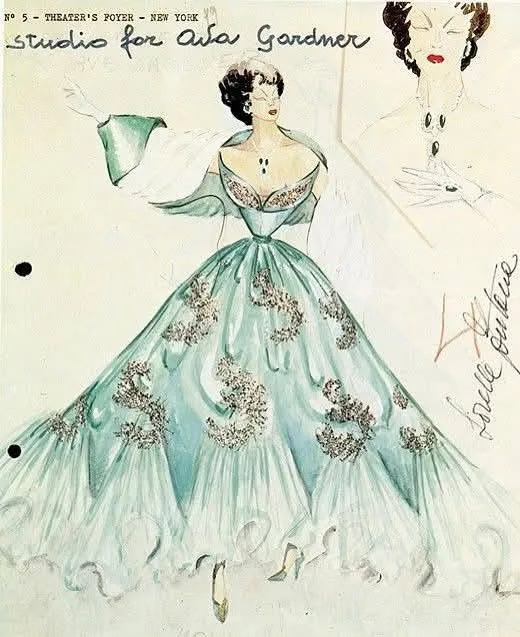 Sorelle Fontana sketch of Ava Gardner's evening gown for The Barefoot Contessa (film, 1954)